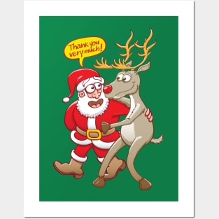 Happy Santa Claus thanking his good reindeer Rudolph Posters and Art